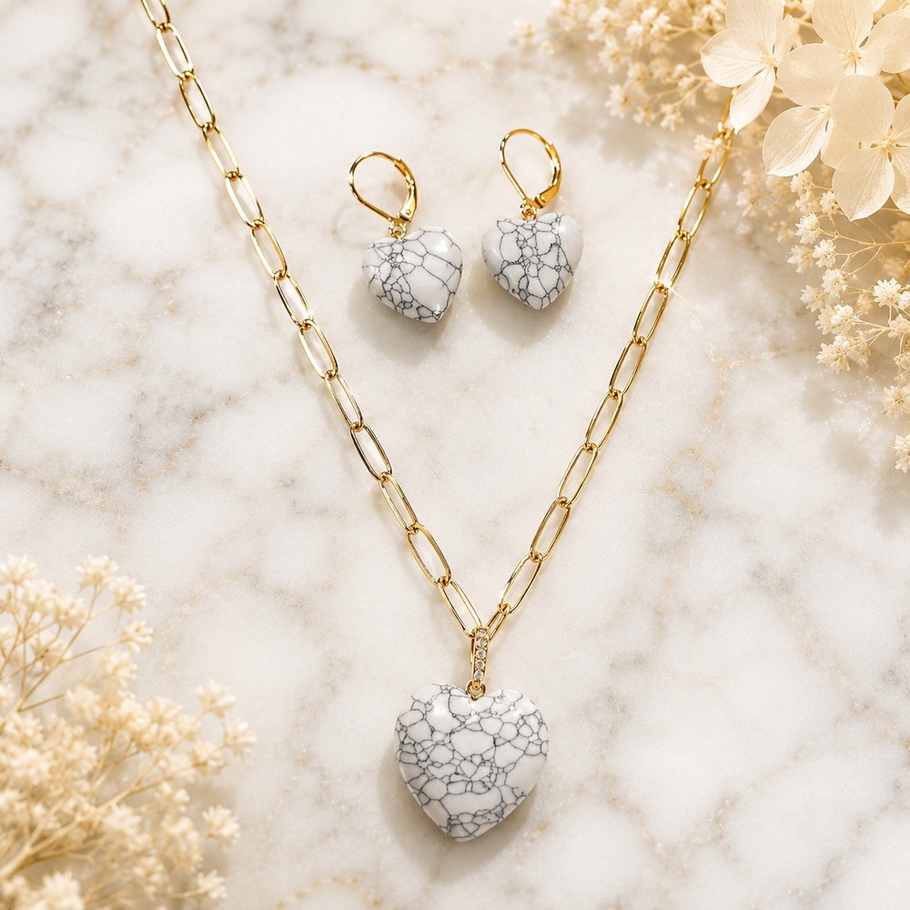 Joan Rivers Jewelry Set Howlite Heart Resin Gold Paperclip Chain White 2pc Gift